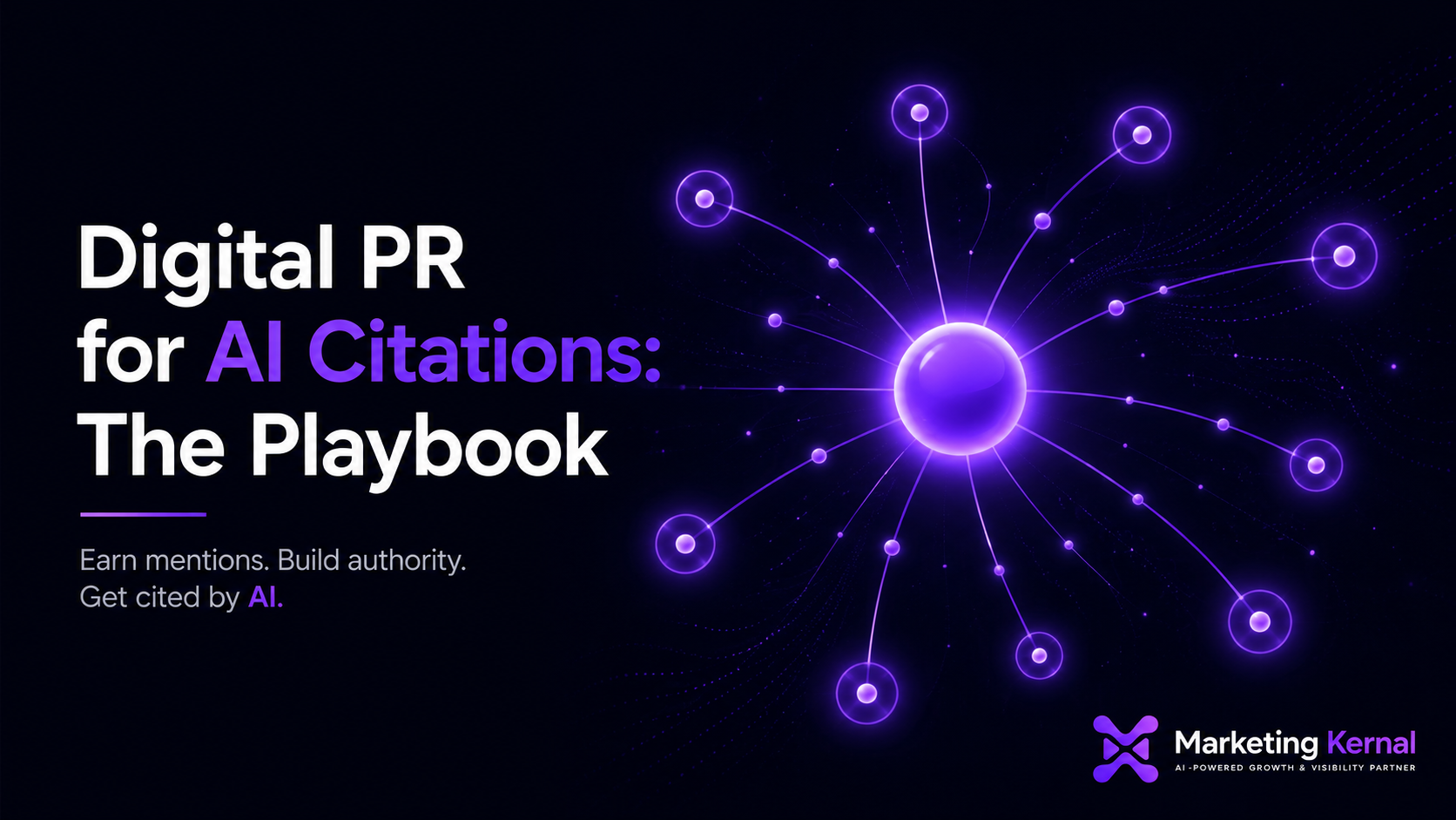 Abstract violet-gradient diagram of a mention radiating outward from a central node into cited AI answers, illustrating the article “Digital PR for AI Citations: The Playbook.”