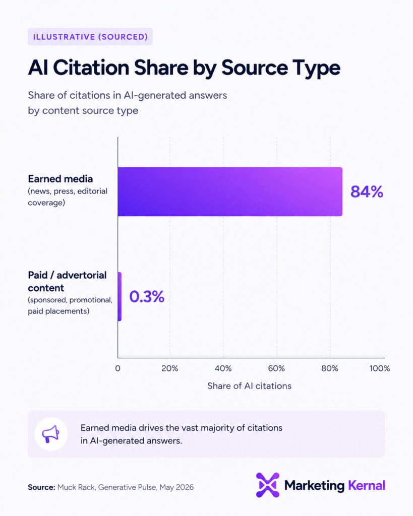 Illustrative bar chart comparing AI citation share from earned media (84%) versus paid content (0.3%), sourced to Muck Rack, May 2026.