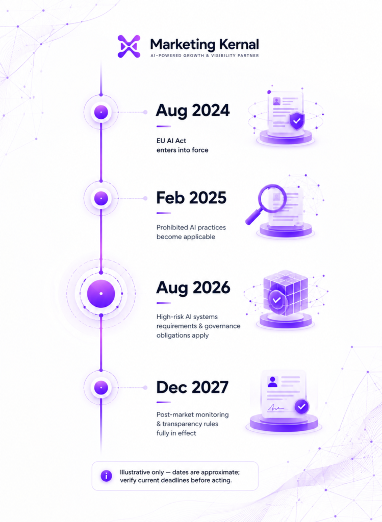 Illustrative timeline showing EU AI Act dates from August 2024 to December 2027