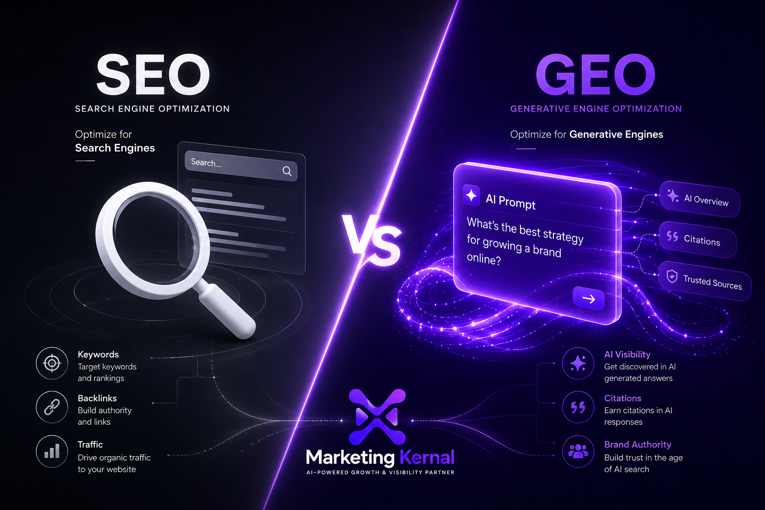 GEO vs SEO comparison showing traditional search with a magnifying glass versus AI-powered search with citations and AI visibility