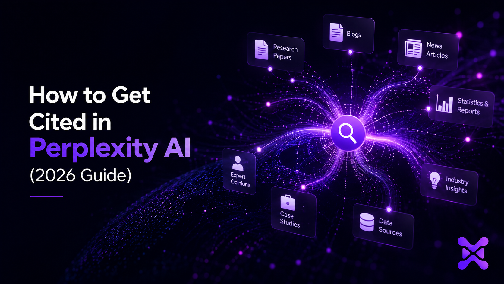 Abstract violet-gradient network diagram representing real-time citation retrieval, illustrating the article “How to Get Cited in Perplexity AI.”